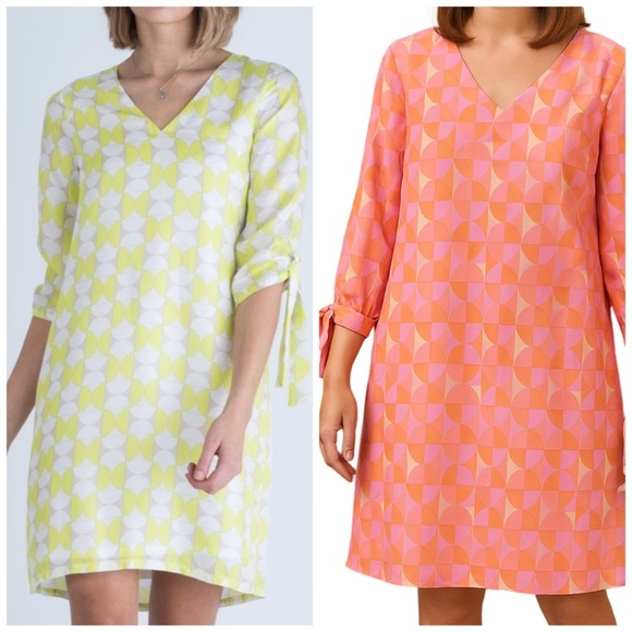 Vilagallo Arken Silk Dress Geometric Print V Neck Long Sleeve Mod Retro - Picture 1 of 12